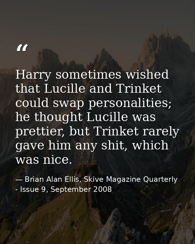 Harry sometimes wished that Lucille and Trinket could swap personalities; he thought Lucille was prettier, but Trinket r — Brian Alan Ellis, Skive Magazine Quarterly - Issue 9, September 2008