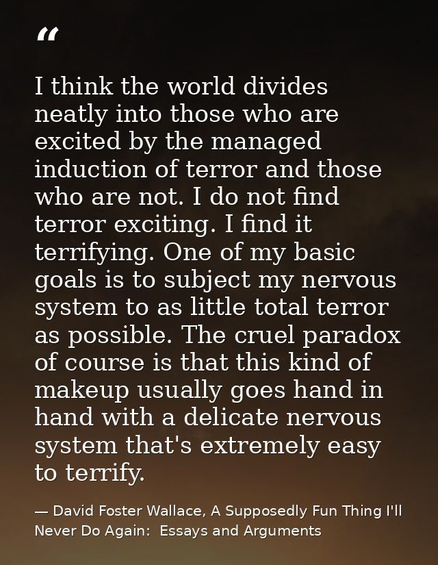 I think the world divides neatly into those who are excited by the managed induction of terror and those who are not. I  — David Foster Wallace, A Supposedly Fun Thing I'll Never Do Again:  Essays and Arguments