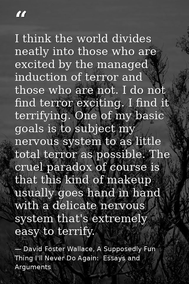 I think the world divides neatly into those who are excited by the managed induction of terror and those who are not. I  — David Foster Wallace, A Supposedly Fun Thing I'll Never Do Again:  Essays and Arguments