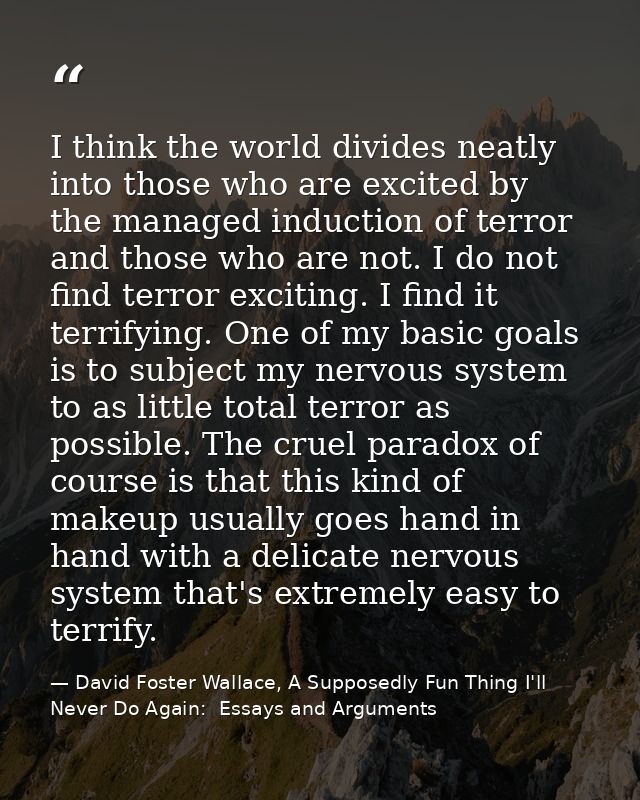 I think the world divides neatly into those who are excited by the managed induction of terror and those who are not. I  — David Foster Wallace, A Supposedly Fun Thing I'll Never Do Again:  Essays and Arguments