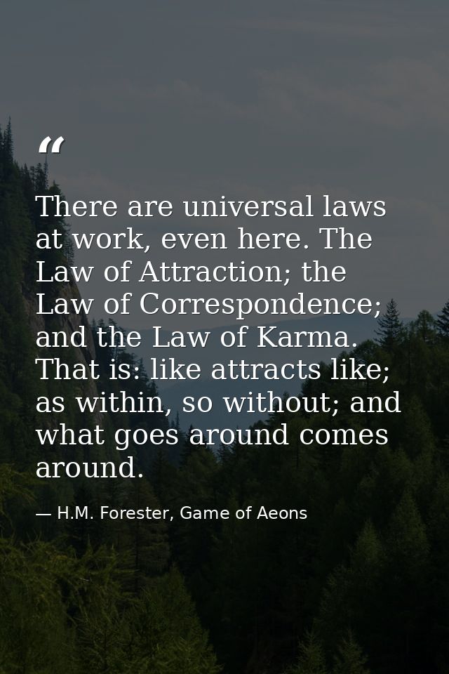 There are universal laws at work, even here. The Law of Attraction; the Law of Correspondence; and the Law of Karma. Tha — H.M. Forester, Game of Aeons