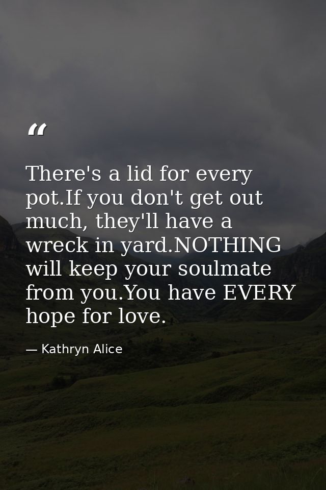 There's a lid for every pot.If you don't get out much, they'll have a wreck in yard.NOTHING will keep your soulmate from — Kathryn Alice