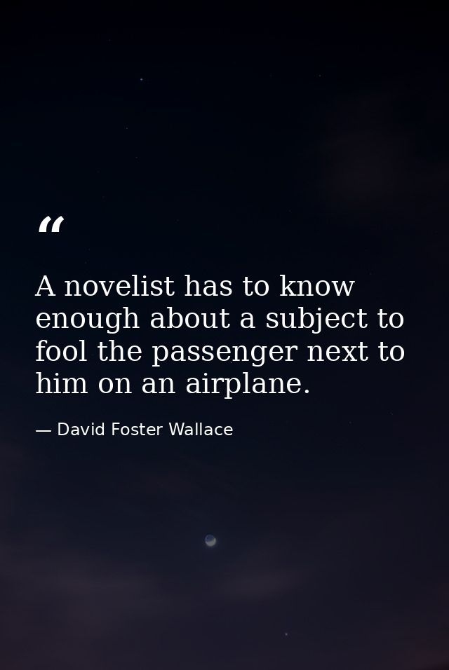 A novelist has to know enough about a subject to fool the passenger next to him on an airplane. — David Foster Wallace