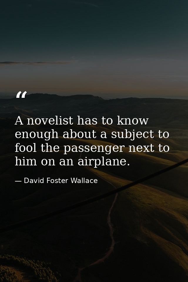 A novelist has to know enough about a subject to fool the passenger next to him on an airplane. — David Foster Wallace