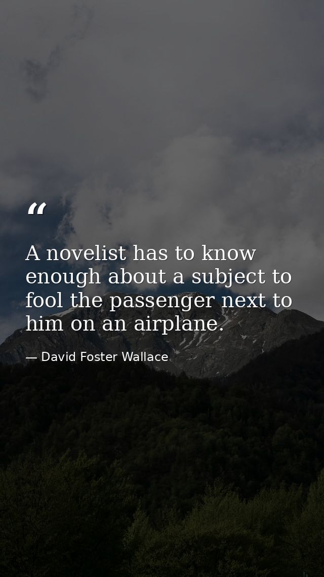 A novelist has to know enough about a subject to fool the passenger next to him on an airplane. — David Foster Wallace
