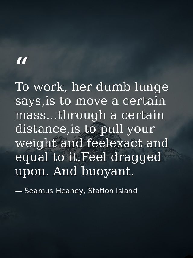 To work, her dumb lunge says,is to move a certain mass...through a certain distance,is to pull your weight and feelexact — Seamus Heaney, Station Island