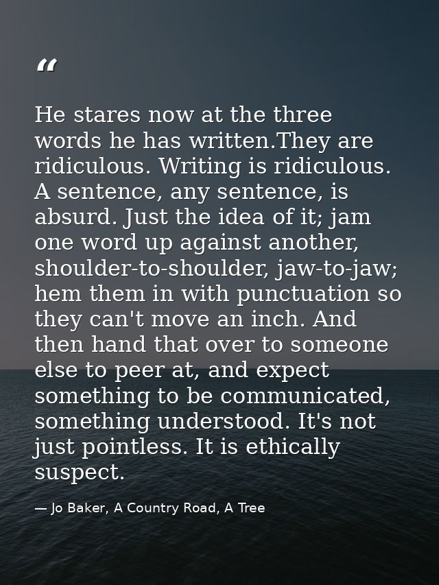 He stares now at the three words he has written.They are ridiculous. Writing is ridiculous. A sentence, any sentence, is — Jo Baker, A Country Road, A Tree