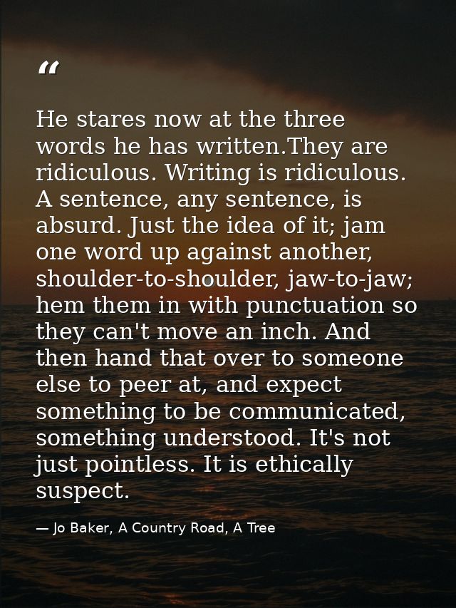 He stares now at the three words he has written.They are ridiculous. Writing is ridiculous. A sentence, any sentence, is — Jo Baker, A Country Road, A Tree