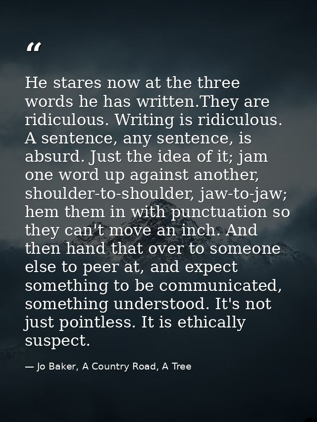 He stares now at the three words he has written.They are ridiculous. Writing is ridiculous. A sentence, any sentence, is — Jo Baker, A Country Road, A Tree