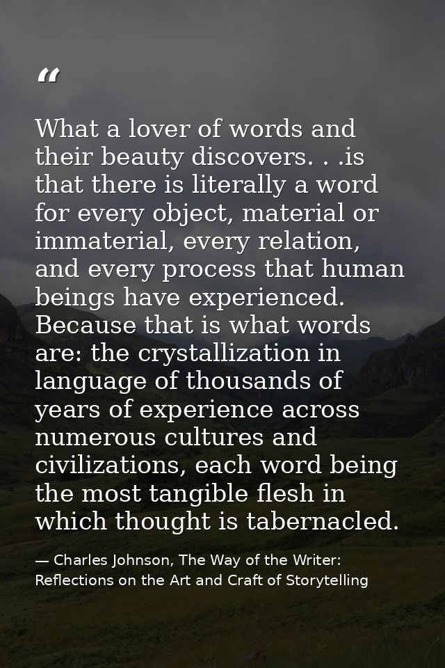 What a lover of words and their beauty discovers. . .is that there is literally a word for every object, material or imm — Charles Johnson, The Way of the Writer: Reflections on the Art and Craft of Storytelling