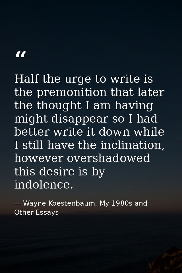 Half the urge to write is the premonition that later the thought I am having might disappear so I had better write it do — Wayne Koestenbaum, My 1980s and Other Essays