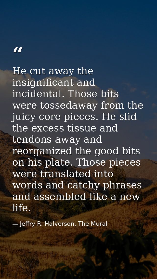 He cut away the insignificant and incidental. Those bits were tossedaway from the juicy core pieces. He slid the excess  — Jeffry R. Halverson, The Mural
