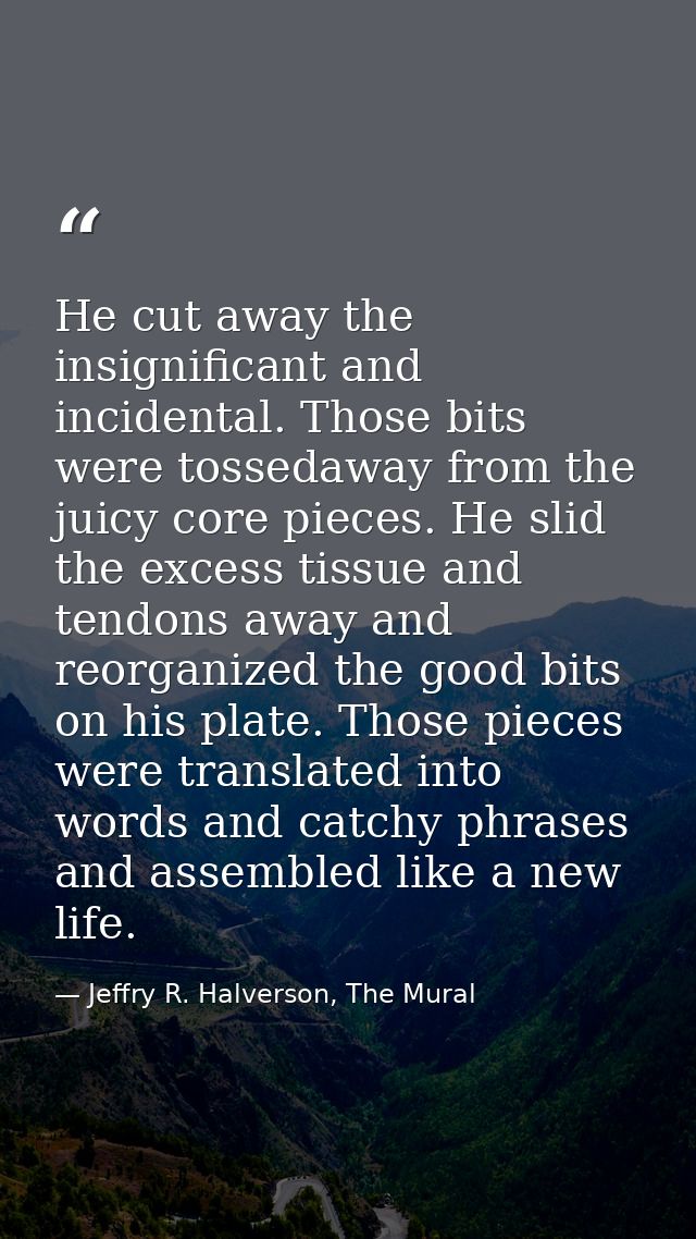 He cut away the insignificant and incidental. Those bits were tossedaway from the juicy core pieces. He slid the excess  — Jeffry R. Halverson, The Mural
