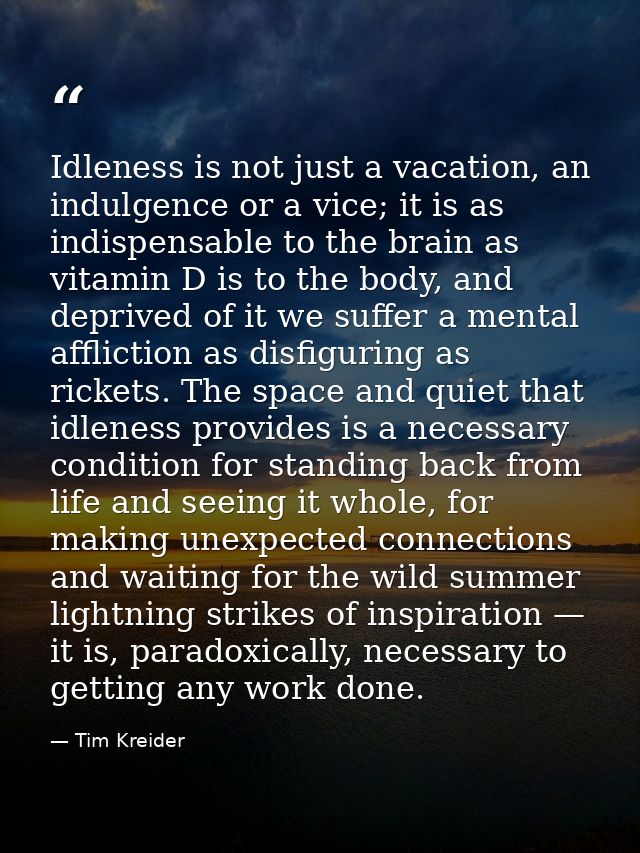 Idleness is not just a vacation, an indulgence or a vice; it is as indispensable to the brain as vitamin D is to the bod — Tim Kreider