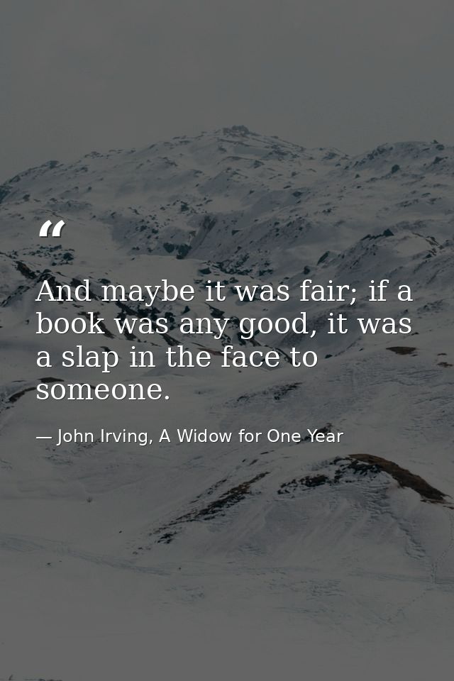 And maybe it was fair; if a book was any good, it was a slap in the face to someone. — John Irving, A Widow for One Year