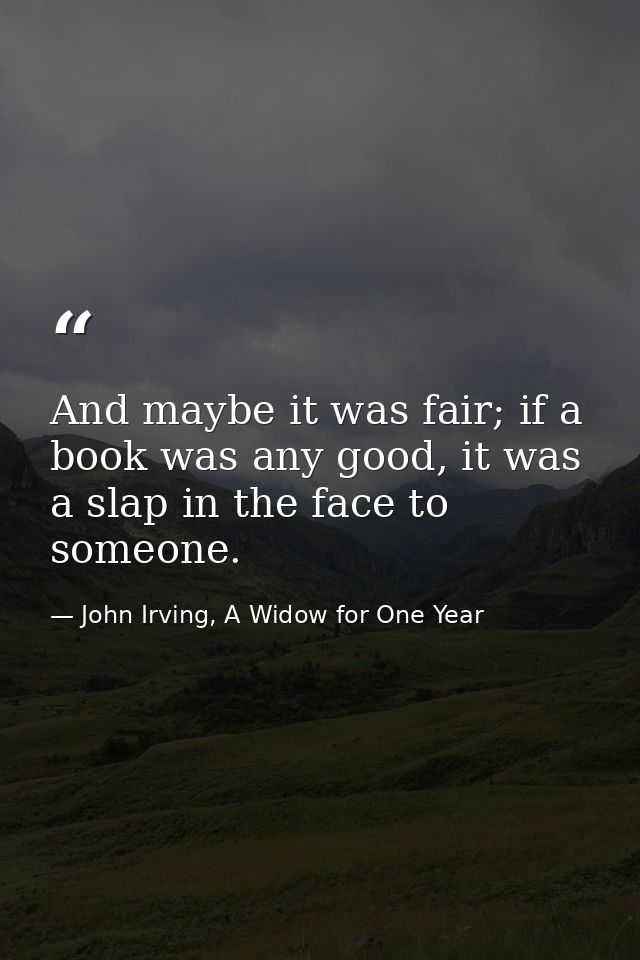 And maybe it was fair; if a book was any good, it was a slap in the face to someone. — John Irving, A Widow for One Year