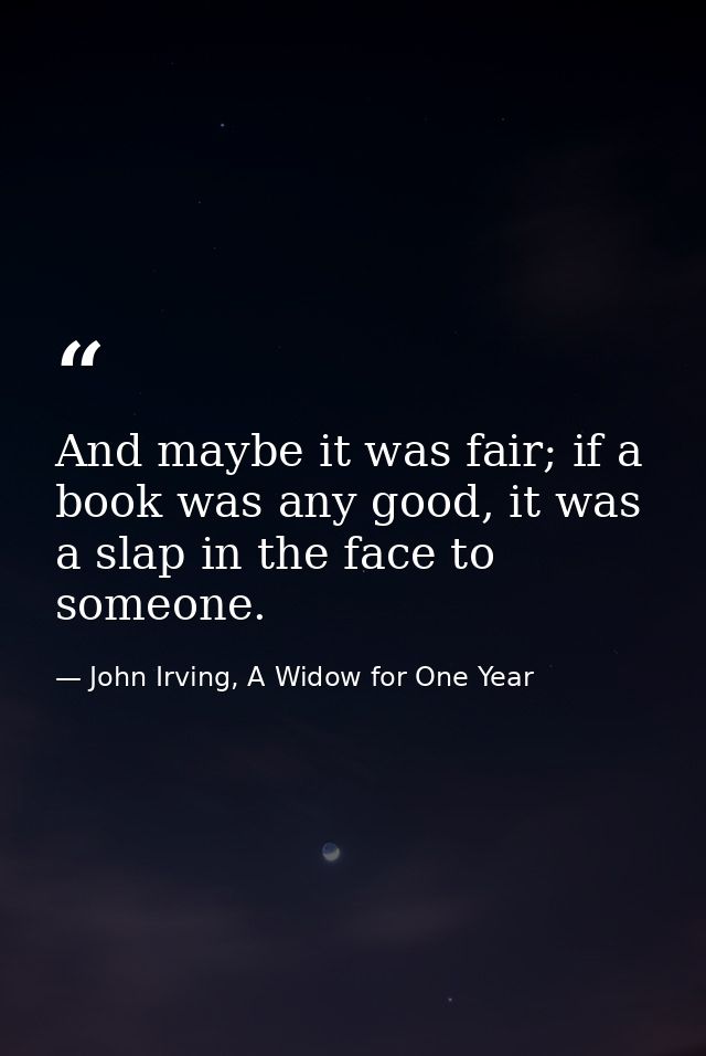 And maybe it was fair; if a book was any good, it was a slap in the face to someone. — John Irving, A Widow for One Year