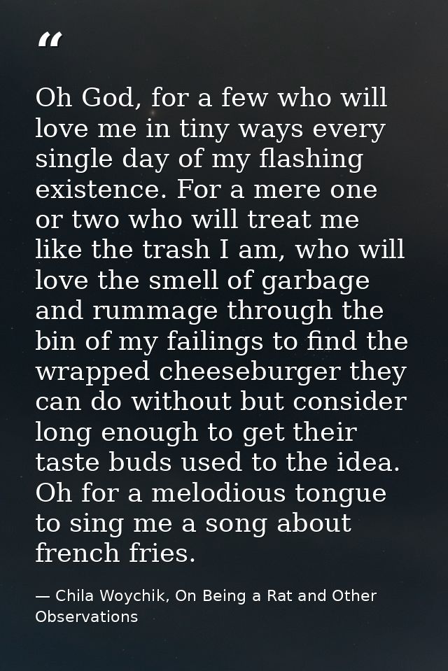 Oh God, for a few who will love me in tiny ways every single day of my flashing existence. For a mere one or two who wil — Chila Woychik, On Being a Rat and Other Observations