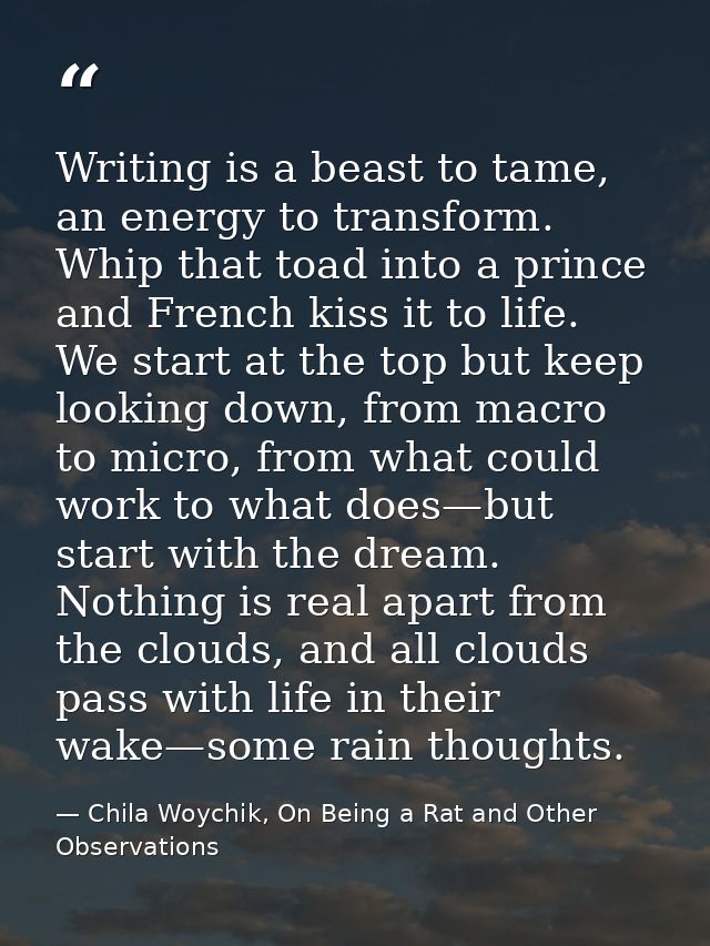 Writing is a beast to tame, an energy to transform. Whip that toad into a prince and French kiss it to life. We start at — Chila Woychik, On Being a Rat and Other Observations