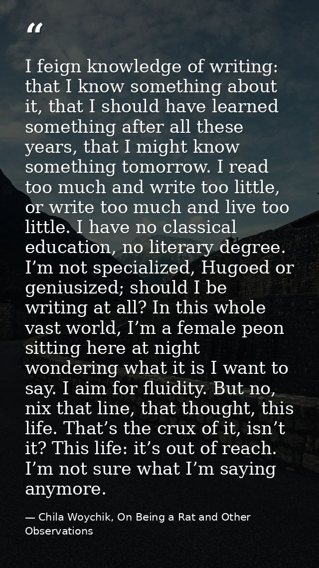 I feign knowledge of writing: that I know something about it, that I should have learned something after all these years — Chila Woychik, On Being a Rat and Other Observations