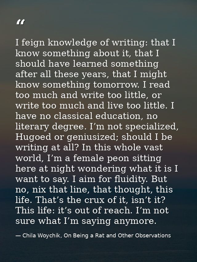 I feign knowledge of writing: that I know something about it, that I should have learned something after all these years — Chila Woychik, On Being a Rat and Other Observations