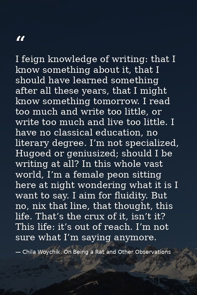I feign knowledge of writing: that I know something about it, that I should have learned something after all these years — Chila Woychik, On Being a Rat and Other Observations