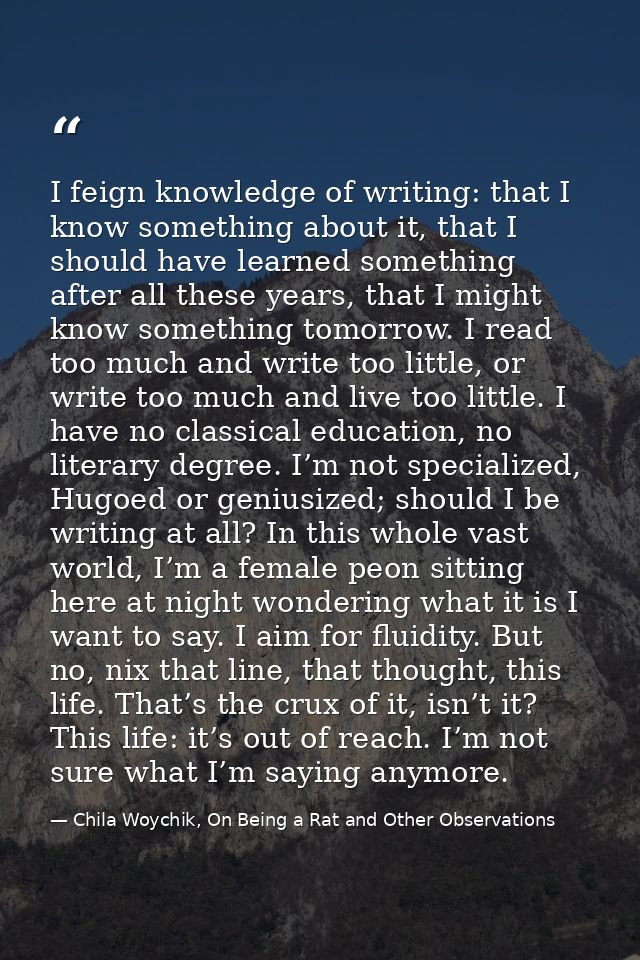 I feign knowledge of writing: that I know something about it, that I should have learned something after all these years — Chila Woychik, On Being a Rat and Other Observations