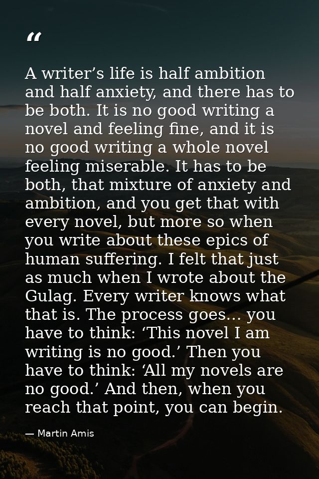 A writer’s life is half ambition and half anxiety, and there has to be both. It is no good writing a novel and feeling f — Martin Amis