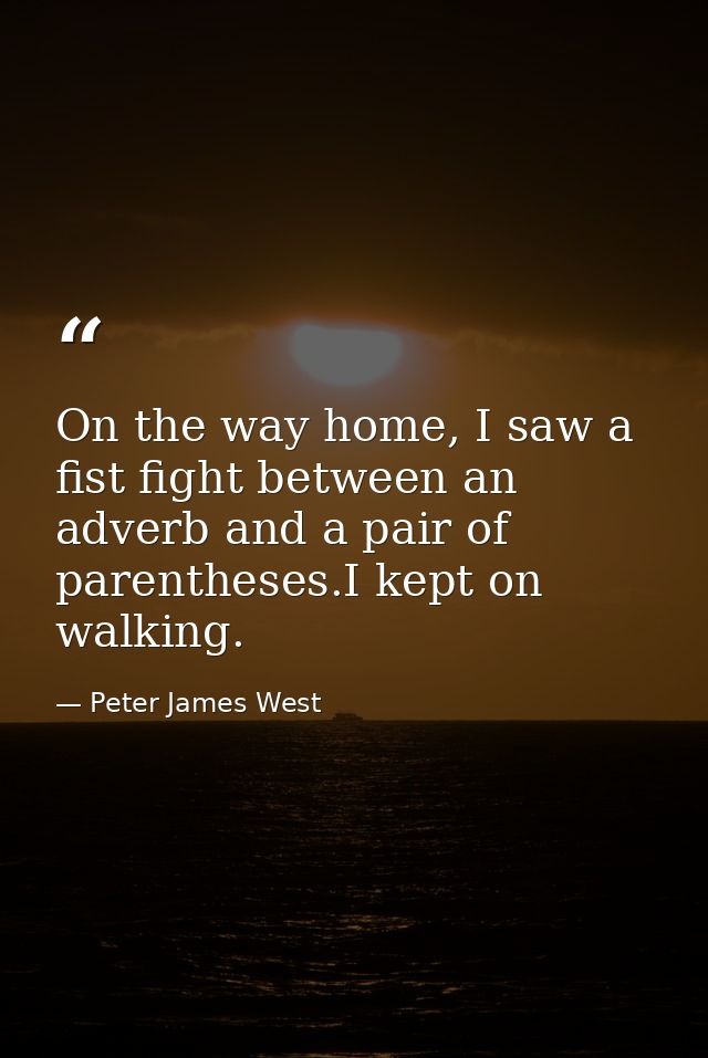 On the way home, I saw a fist fight between an adverb and a pair of parentheses.I kept on walking. — Peter James West