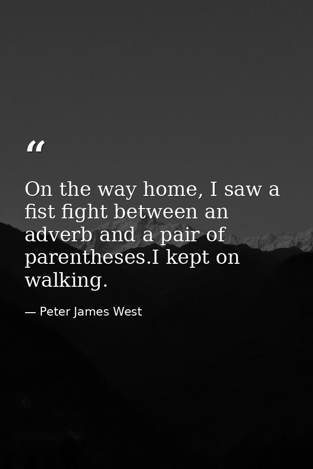 On the way home, I saw a fist fight between an adverb and a pair of parentheses.I kept on walking. — Peter James West