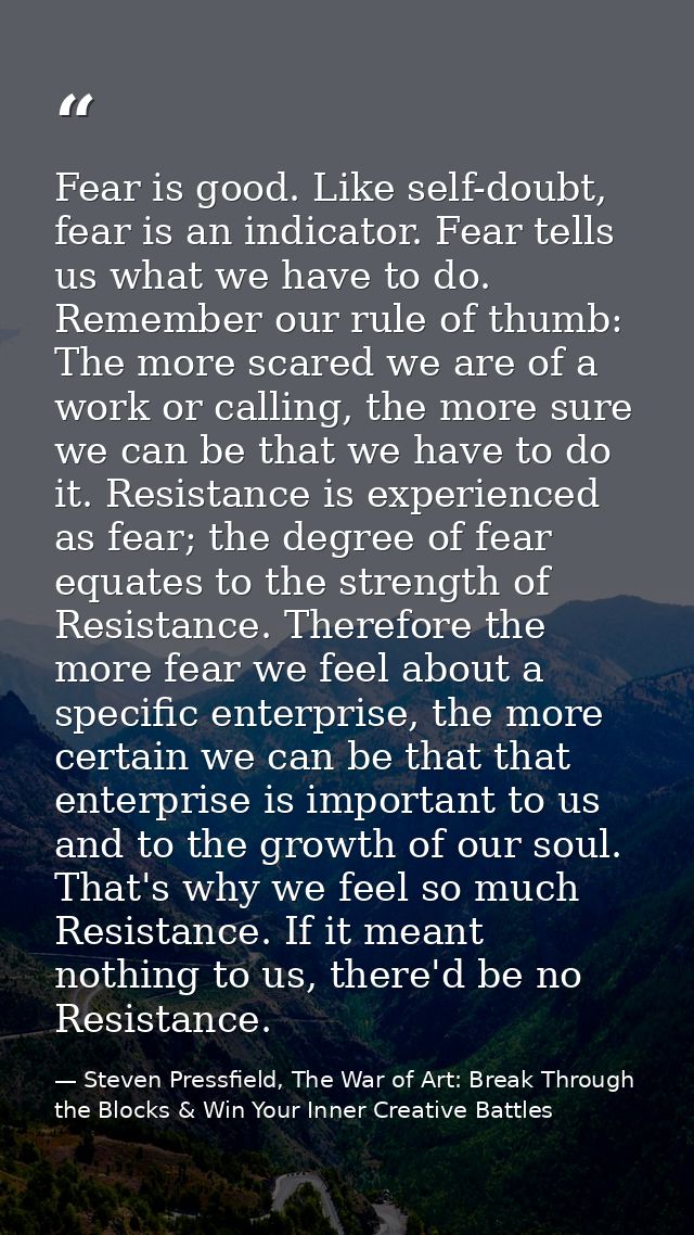 Fear is good. Like self-doubt, fear is an indicator. Fear tells us what we have to do. Remember our rule of thumb: The m — Steven Pressfield, The War of Art: Break Through the Blocks & Win Your Inner Creative Battles