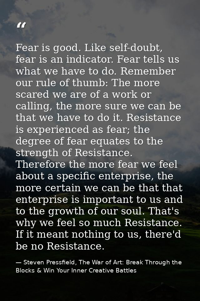 Fear is good. Like self-doubt, fear is an indicator. Fear tells us what we have to do. Remember our rule of thumb: The m — Steven Pressfield, The War of Art: Break Through the Blocks & Win Your Inner Creative Battles