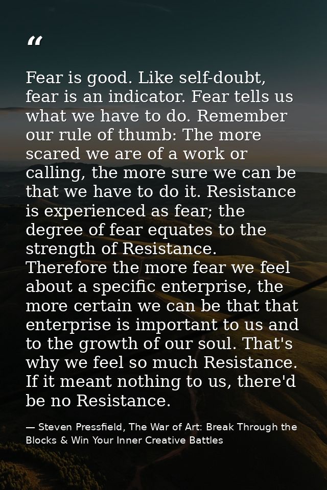 Fear is good. Like self-doubt, fear is an indicator. Fear tells us what we have to do. Remember our rule of thumb: The m — Steven Pressfield, The War of Art: Break Through the Blocks & Win Your Inner Creative Battles