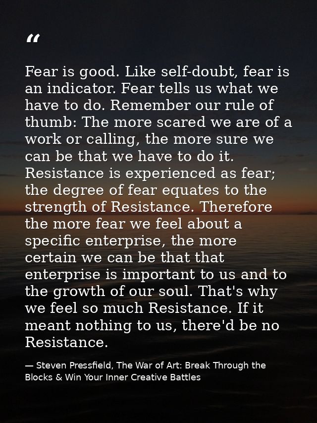Fear is good. Like self-doubt, fear is an indicator. Fear tells us what we have to do. Remember our rule of thumb: The m — Steven Pressfield, The War of Art: Break Through the Blocks & Win Your Inner Creative Battles