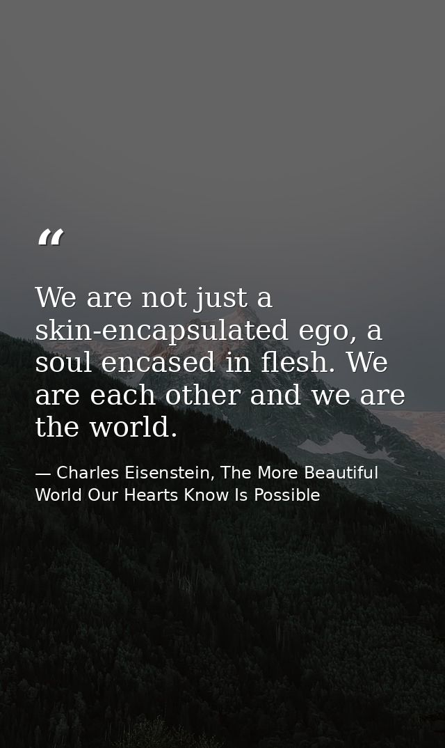 We are not just a skin-encapsulated ego, a soul encased in flesh. We are each other and we are the world. — Charles Eisenstein, The More Beautiful World Our Hearts Know Is Possible
