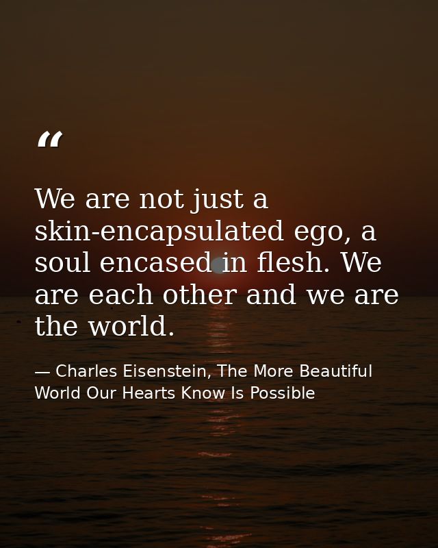 We are not just a skin-encapsulated ego, a soul encased in flesh. We are each other and we are the world. — Charles Eisenstein, The More Beautiful World Our Hearts Know Is Possible