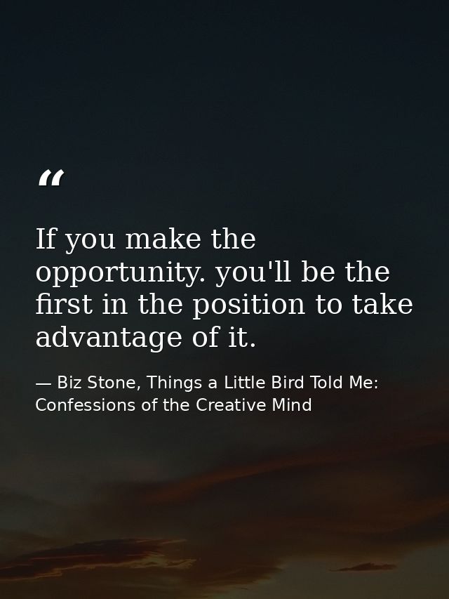 If you make the opportunity. you'll be the first in the position to take advantage of it. — Biz Stone, Things a Little Bird Told Me: Confessions of the Creative Mind