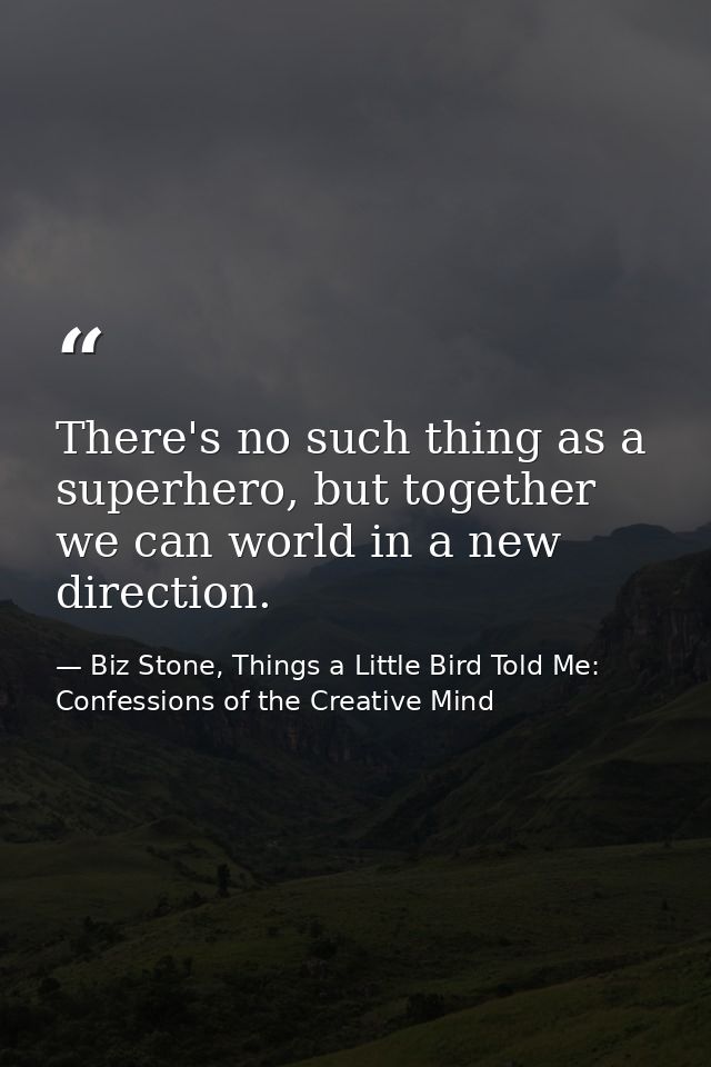 There's no such thing as a superhero, but together we can world in a new direction. — Biz Stone, Things a Little Bird Told Me: Confessions of the Creative Mind
