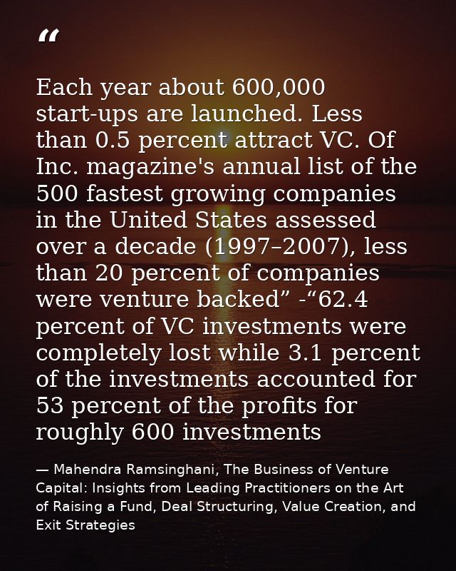 Each year about 600,000 start-ups are launched. Less than 0.5 percent attract VC. Of Inc. magazine's annual list of the  — Mahendra Ramsinghani, The Business of Venture Capital: Insights from Leading Practitioners on the Art of Raising a Fund, Deal Structuring, Value Creation, and Exit Strategies