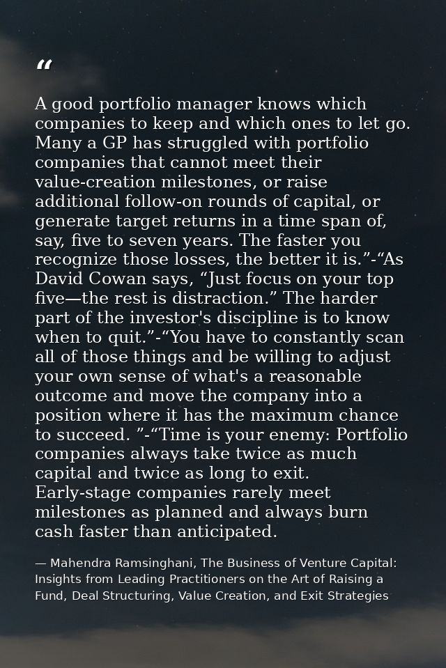 A good portfolio manager knows which companies to keep and which ones to let go. Many a GP has struggled with portfolio  — Mahendra Ramsinghani, The Business of Venture Capital: Insights from Leading Practitioners on the Art of Raising a Fund, Deal Structuring, Value Creation, and Exit Strategies