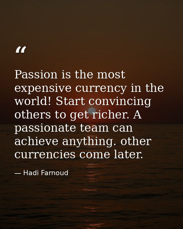 Passion is the most expensive currency in the world! Start convincing others to get richer. A passionate team can achiev — Hadi Farnoud