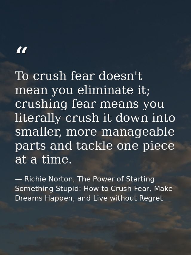 To crush fear doesn't mean you eliminate it; crushing fear means you literally crush it down into smaller, more manageab — Richie Norton, The Power of Starting Something Stupid: How to Crush Fear, Make Dreams Happen, and Live without Regret