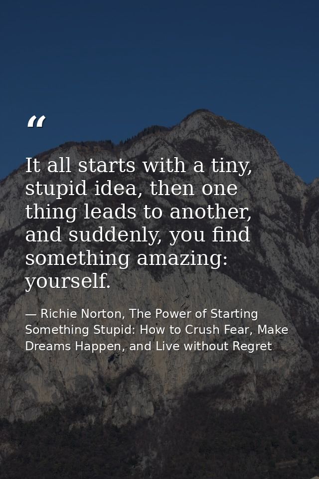 It all starts with a tiny, stupid idea, then one thing leads to another, and suddenly, you find something amazing: yours — Richie Norton, The Power of Starting Something Stupid: How to Crush Fear, Make Dreams Happen, and Live without Regret