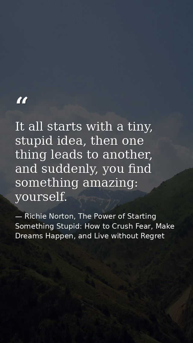 It all starts with a tiny, stupid idea, then one thing leads to another, and suddenly, you find something amazing: yours — Richie Norton, The Power of Starting Something Stupid: How to Crush Fear, Make Dreams Happen, and Live without Regret