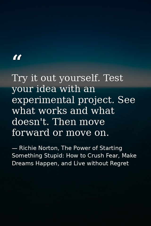 Try it out yourself. Test your idea with an experimental project. See what works and what doesn't. Then move forward or  — Richie Norton, The Power of Starting Something Stupid: How to Crush Fear, Make Dreams Happen, and Live without Regret