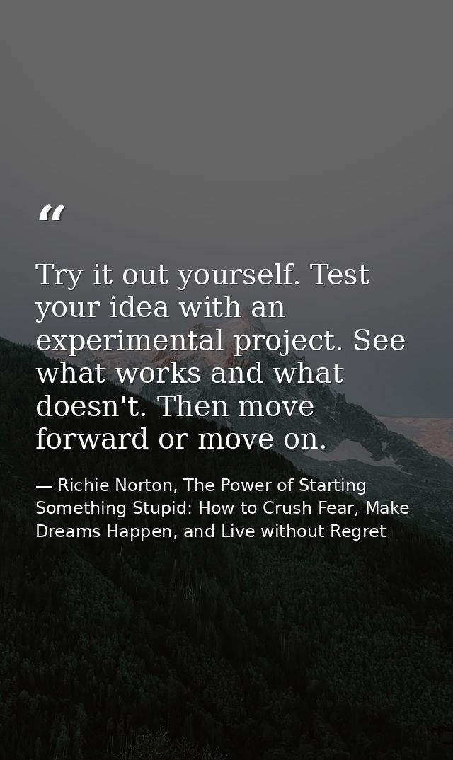 Try it out yourself. Test your idea with an experimental project. See what works and what doesn't. Then move forward or  — Richie Norton, The Power of Starting Something Stupid: How to Crush Fear, Make Dreams Happen, and Live without Regret