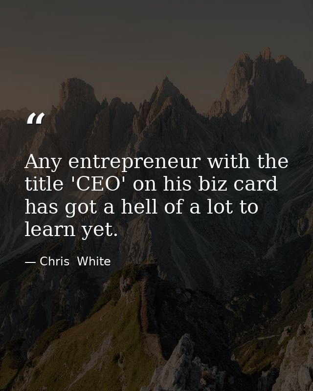 Any entrepreneur with the title 'CEO' on his biz card has got a hell of a lot to learn yet. — Chris  White