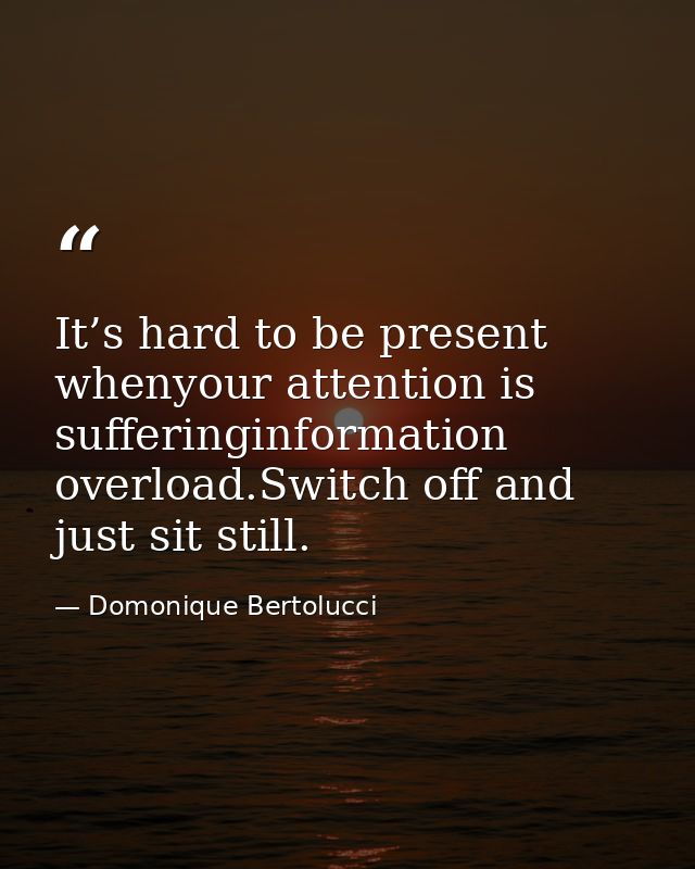 It’s hard to be present whenyour attention is sufferinginformation overload.Switch off and just sit still. — Domonique Bertolucci