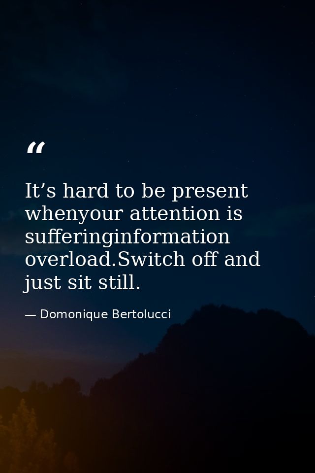 It’s hard to be present whenyour attention is sufferinginformation overload.Switch off and just sit still. — Domonique Bertolucci