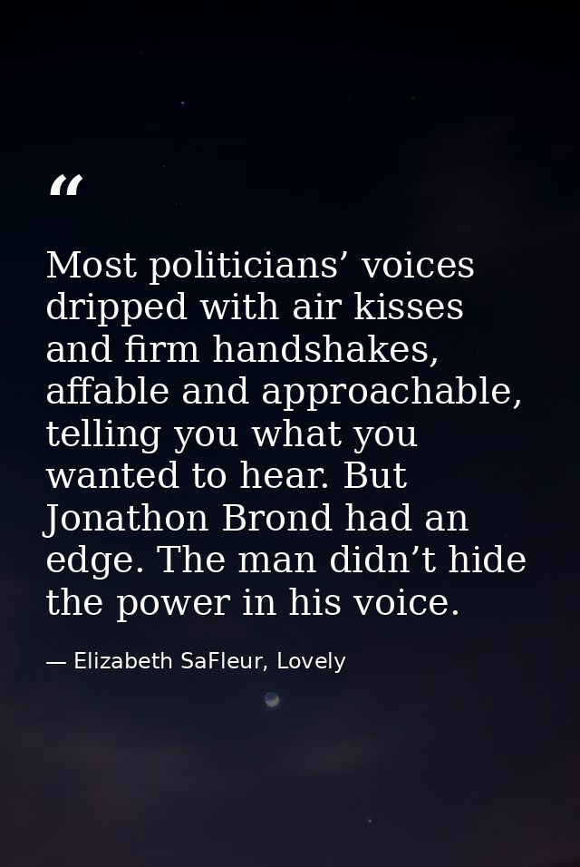 Most politicians’ voices dripped with air kisses and firm handshakes, affable and approachable, telling you what you wan — Elizabeth SaFleur, Lovely